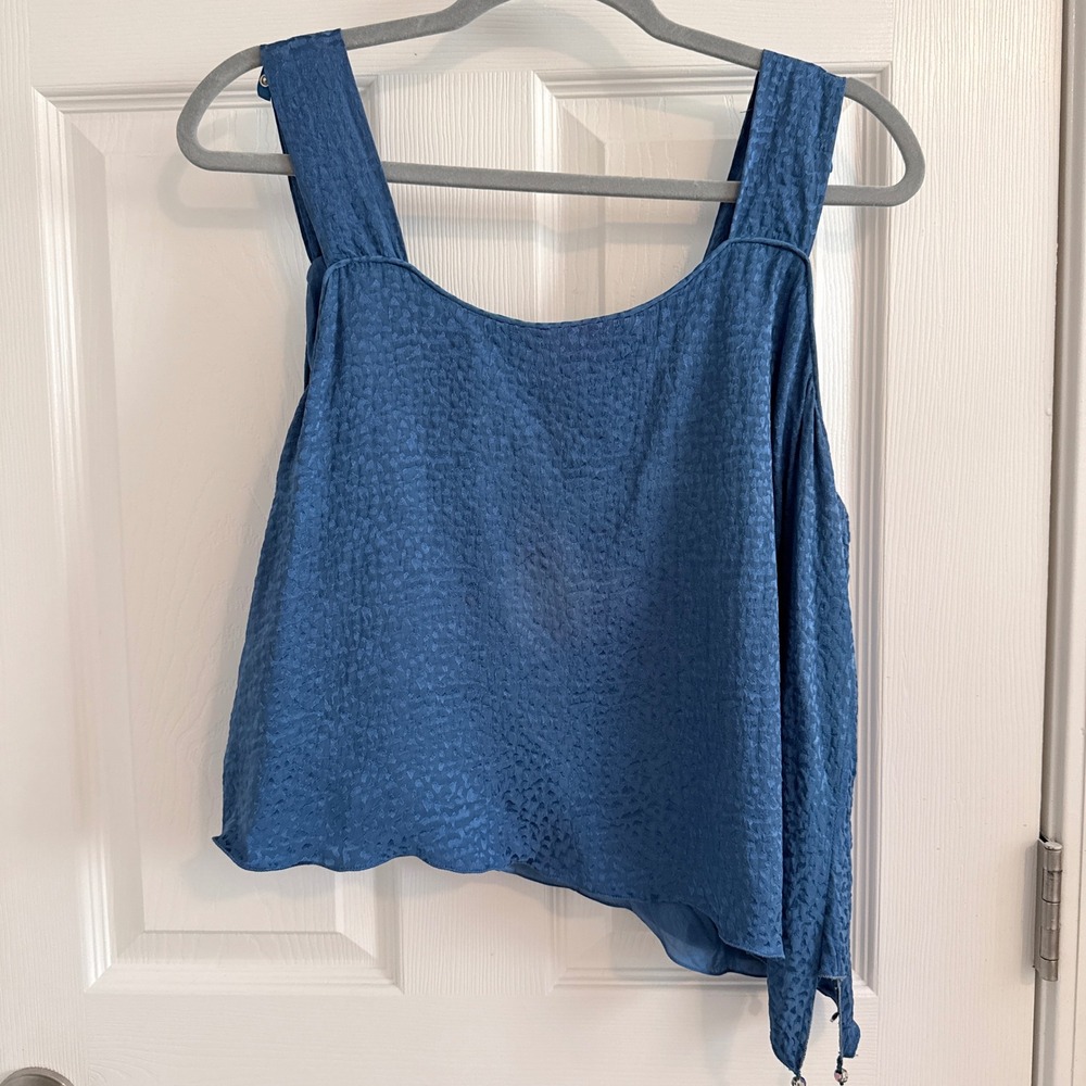 Harriet Kassman Silk Tank Top Women L Blue Asymmetrical Jacquard Cheetah Chic